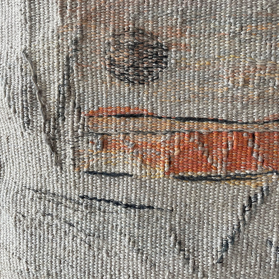 Ausschnitt - Leinentapisserie II: Leinen mit orangem Grund,</br>60 x 59 cm, Leinen und Wolle, Baumwollkette 3 F/cm
